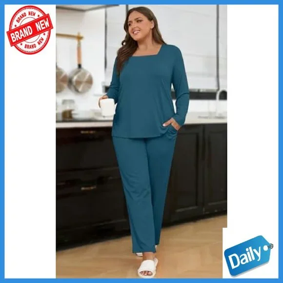 Plus Size Long Sleeve Pajama Set with Pockets, Rayon Spandex - Picture 6 of 8